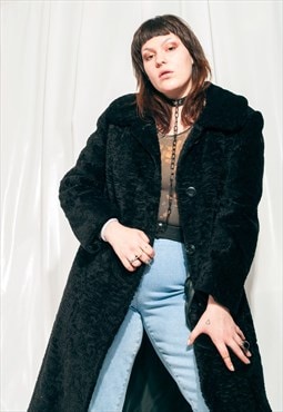 Vintage Faux Fur Coat 80s Long Winter Coat In Black