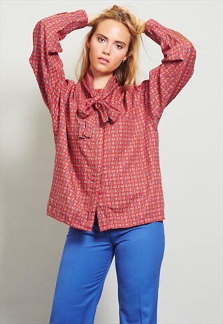 VINTAGE 70'S SCARF PRINT TIE UP BLOUSE
