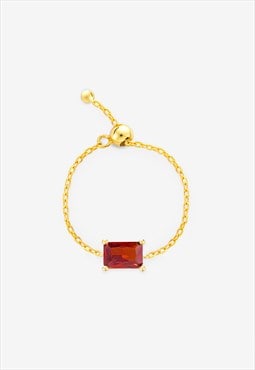 Adjustable Chain Ring - Ruby Red Baguette Stone