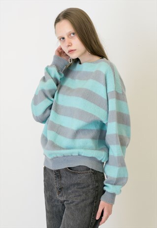VINTAGE BLUE GREY STRIPED RETRO JUMPER