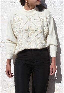 Cream white pearl embellished mock neck soft cozy sweater