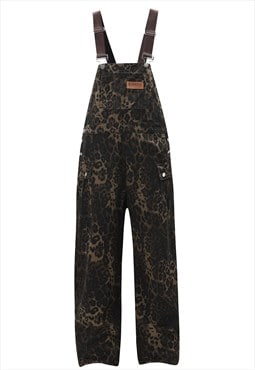 Leopard dungarees jean overalls animal print jumpsuit brown
