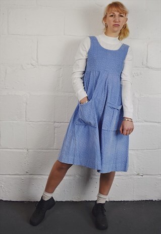 VINTAGE 70S CORDUROY PINAFORE DRESS FLORAL PASTEL