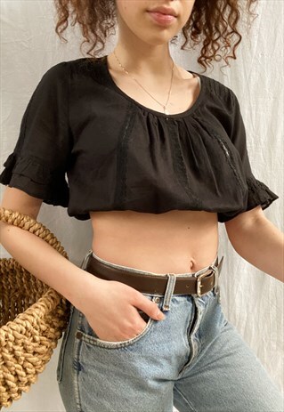 VINTAGE Y2K REWORKED BOHO MILKMAID PRAIRIE BLOUSE CROP TOP