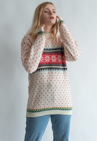 VINTAGE 80S KNIT NORDIC JUMPER IN WINTER PATTERN
