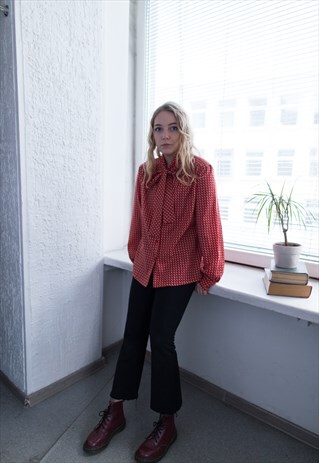 VINTAGE 70'S RED PATTERNED BOW COLLAR BLOUSE