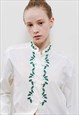 VINTAGE 80S WHITE CHRISTMAS HIGH NECK BUTTON UP BLOUSE S