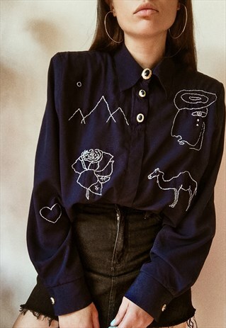 HAND EMBROIDERED DARK BLUE SHIRT