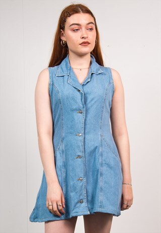 VINTAGE 90'S SHIRT DRESS LIGHT BLUE DENIM SLEEVELESS MINI