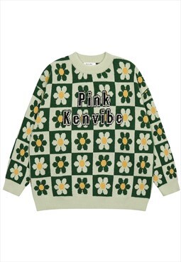 Floral sweater Ken slogan knitted jumper daisy top in green