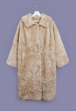 80's BORGANA Faux Fur Long Coat Teddy Jacket Plush Beige