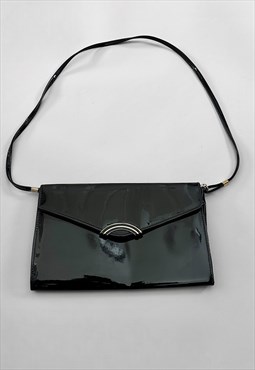 80's Vintage Shiny Black Patent Shoulder Clutch Bag 