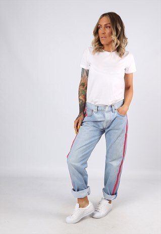 LEVIS 501'S DENIM JEANS REWORKED SIDE STRIPE UK 12 (3AL)