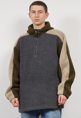 VINTAGE 90'S COLOUR BLOCK HOODED QUARTER ZIP FLEECE