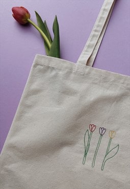 embroidered tulip canvas tote bag