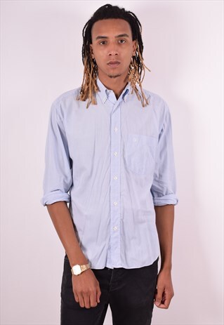 VALENTINO MENS VINTAGE SHIRT MEDIUM BLUE CHECK 90S