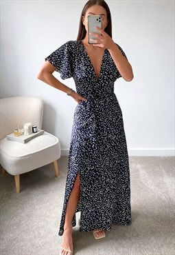 Split Leg Maxi Dress In Navy Polka Dot Print