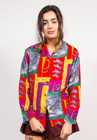 90'S VINTAGE BRIGHT MULTICOLOUR FUNKY PATTERN BLOUSE SHIRT