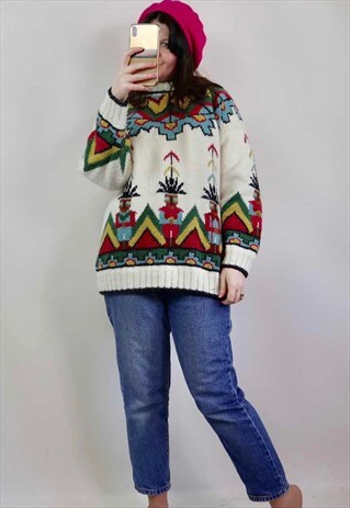 VINTAGE MAYAN AZTEC CHUNKY KNIT WOOL JUMPER SWEATER L