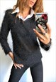 90S BLACK SHAGGY PREPPY TOP WITH WHITE COLLAR S M