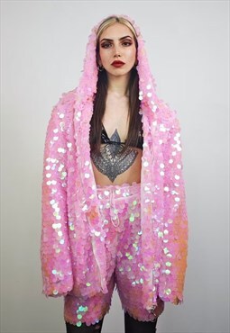 Pink sequin jacket hooded mermaid bomber holographic