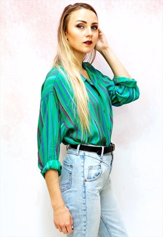1990S VINTAGE GREEN STRIPED SILKY BLOUSE