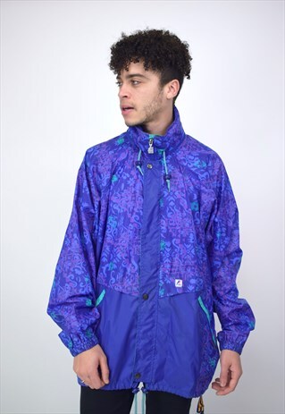 VINTAGE 90'S K-WAY PURPLE & GREEN PATTERNED ZIP-UP JACKET