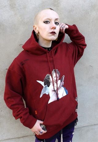 LOOSE FIT OVERSIZE ANGEL RELIGIOUS GRAPHIC PRINT HOODIE