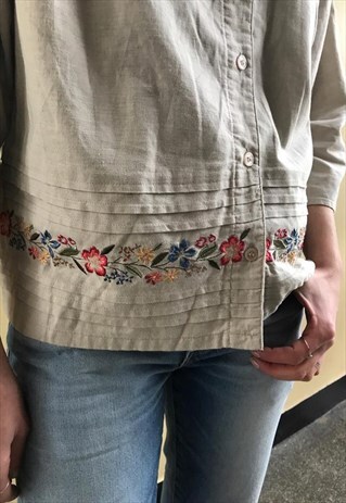 VINTAGE 90' BEIGE EMBRODIERY CLASSIC COOL LINEN SHIRT