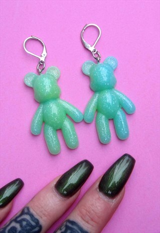 GREEN BLUE GLITTER BEAR FESTIVAL KITSCH EARRINGS