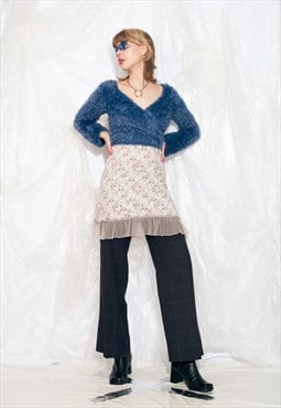 Vintage Y2K Handmade Knitted Cardigan in Blue Furry