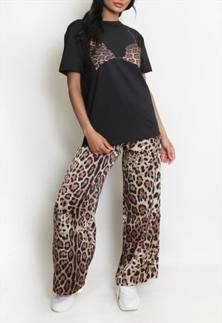 LEOPARD TEES AND WIDE LEG TOUSER SET IN BLACK 