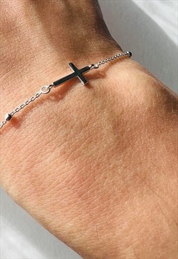 925 sterling silver rosary bead cross adjustable bracelet 