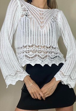 Vintage Y2K 00's Crochet Summer Holiday Crop Top White 