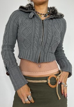 Vintage Y2k Cropped Cardigan Knit Zip Up Faux Fur 90s 2000s