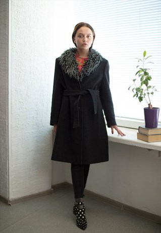 VINTAGE 80'S DARK GREY WOOL FAUX FUR COLLAR BELTED COAT