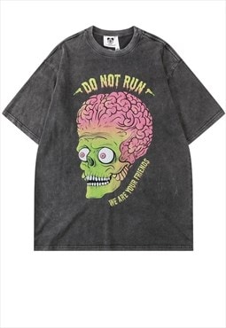 Zombie skull t-shirt Gothic brain tee in vintage acid grey