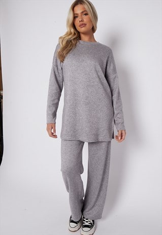 JUSTYOUROUTFIT GREY DROP SHOULDER KNITTED TOP LOUNGE SET