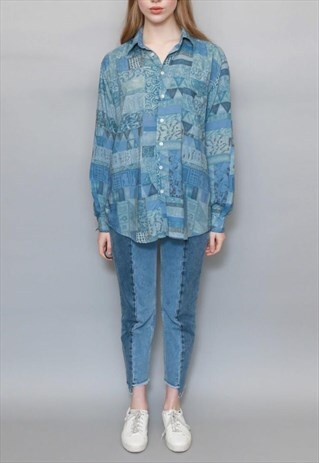 VINTAGE 1990'S BLUE ABSTRACT PRINT OVERSIZED SHIRT