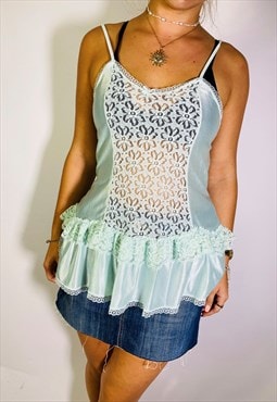 Vintage Size M Y2K Lace Cami Top In Green