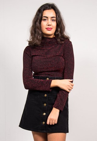 VINTAGE 90'S RED GLITTER PATTERN ROLL NECK TOP