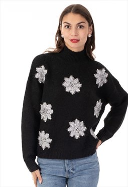 Metallic and Peals embellished snowflake Soft knit Jumper