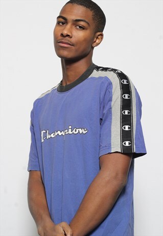VINTAGE CHAMPION TAPE LOGO T-SHIRT BLUE