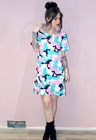 VERA & LUCY RETRO MULTI COLOUR CAMO PRINT MIDI DRESS