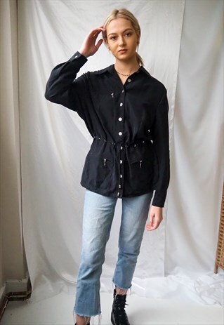 VINTAGE BLACK BUTTON UP SHIRT WITH WAIST TIE