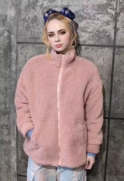 Fade fleece jacket high neck fluffy pullover pastel pink