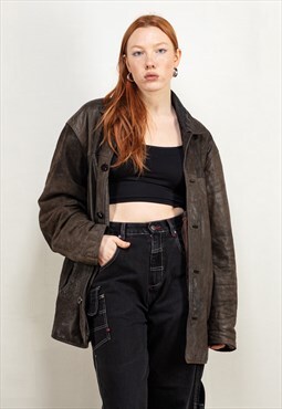 Vintage 90's Women Oversized Leather Jacket in Brown