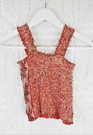 HANDMADE INDIAN SARI RUCHED STRAPPY TOP - ORANGE & WHITE