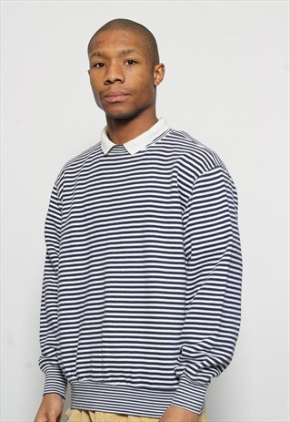VINTAGE BEST COMPANY STRIPED COLLARED SWEATSHIRT BLUE WHITE