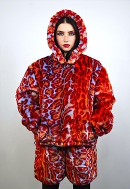 Hooded Leopard faux fur jacket red animal print pullover